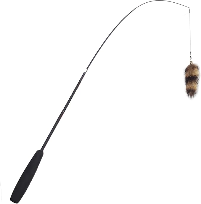 Fosrion Real Raccoon Tail Fur Cat Bites Toy with Three Section Retractable Carbon Fiber Rod (Raccoon, Tail & Fishing Rod)