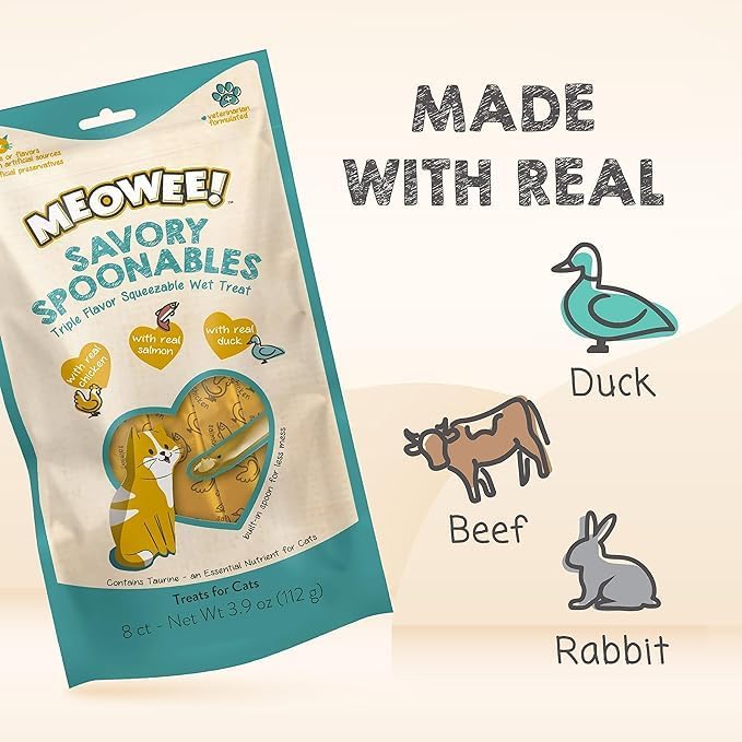 Savory Spoonables with Real Chicken, Salmon and Duck for Cats, 8 Count, Treat Your Cat to Triple Flavor Squeezable Lickable Wet Treats with Built-in Spoon for Less Mess