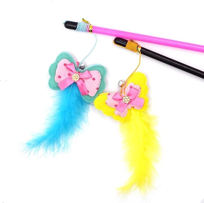 Cat Wand Toy 2 PCS Interactive Cat Feather Wands Cat Teaser Wand with Butterfly and Bell for Cat Kitten
