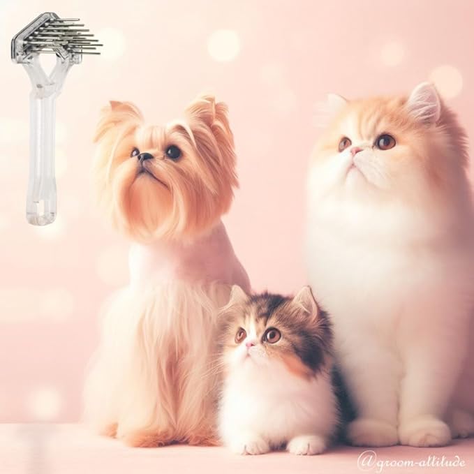 Mini-Rake V-Shape Double Row Rotating Teeth Demats and Grooms Dogs and Cats