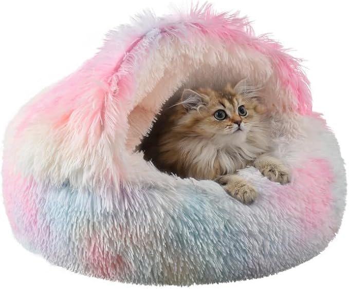 Something Different Cat Bed Round Plush Fluffy Hooded Calming Cat Bed Cave for Dogs&Cats,Self Warming pet Bed with Non-collapsed Cover for Indoor Cats or Small Dogs,Machine Washable,20in,Rainbow
