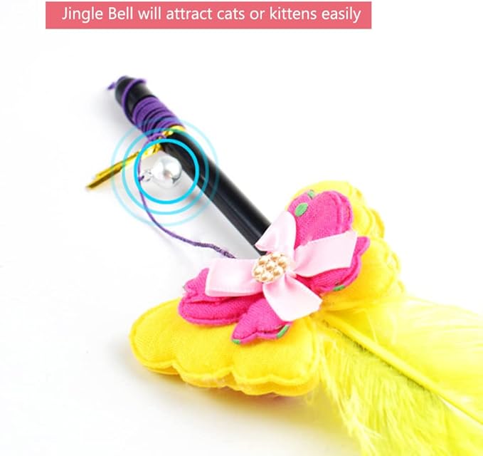 Cat Wand Toy 2 PCS Interactive Cat Feather Wands Cat Teaser Wand with Butterfly and Bell for Cat Kitten