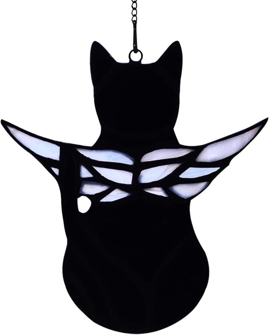 BOXCASA Handmade Black Cat Memorial Gifts - Stained Glass Pet Sympathy Gift with Angel Wings, Window Hanging Memorial Decor for Cat Lovers (Loss of Pet, Rainbow Bridge)