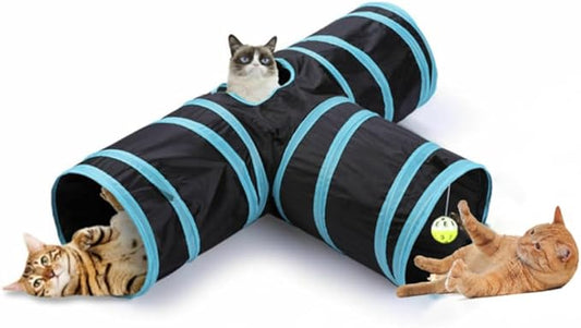 LEESENEVO Cat Tunnel,3 Way Tubes Built-in Crinkle Ringing Paper,Collapsible pet Tunnels for Indoor/Outdoor- Toy for Cats,Rabbits-Jewel Blue