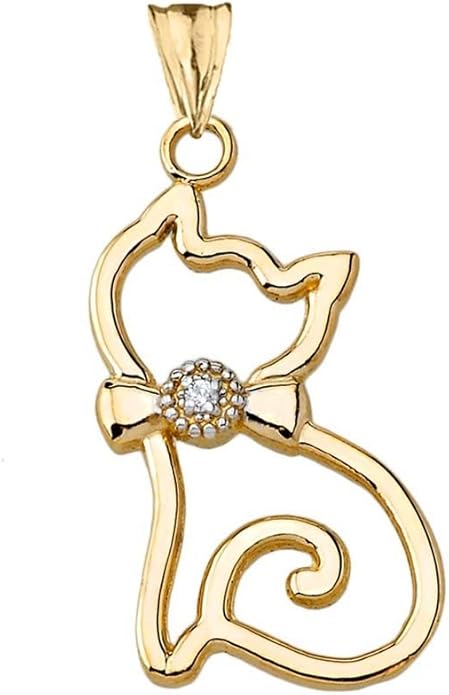 Animal Kingdom Unique 10k Yellow Gold Diamond Openwork Cat Charm Pendant