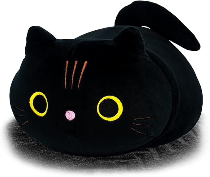Black Cat Plush Pillow, Cat Stuffed Animal Plushies Lumbar Back Cushion, Cute Round Eyes Kitten Plush Doll Toy for Kids Home Decor Gift Boys Girls Birthday Valentines Christmas (13.8inch)