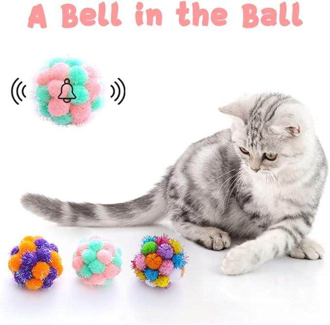 TUSATIY Cat Toys Balls with Bells 3PCS, Color Cat Pom Pom Balls,Tinsel Sparkle Balls,Interactive Toy for Indoor Cats Kitten