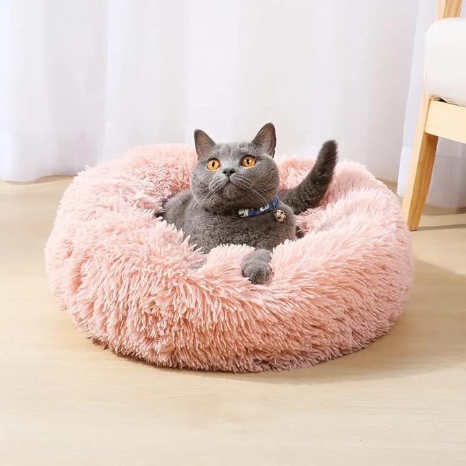 Cat Beds for Indoor Cats - Cat Bed Washable 24 inches, Dog Beds for Small Medium Dogs, Anti Anxiety Round Fluffy Plush Faux Fur Cat Bed, Thick Bottom (Pink, Large)