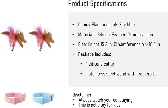 KOTYA Cat Collar Toy, New Premium Teasing Wand with Colorful Natural Feathers and Bell, Lightweight Silicone for Extra Comfort, Interactive Self Playing Toys for Indoor Kittens (Sky Blue)