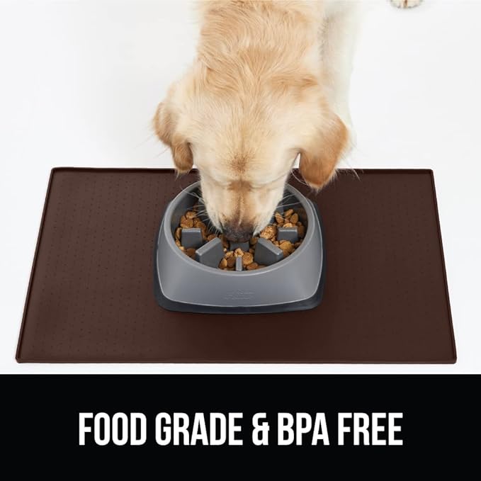GORILLA GRIP 100% Waterproof Raised Edge BPA Free Silicone Pet Feeding Mat, Dog Cat Food Mats Contain Spills Protects Floors, Placemats for Cats and Dogs Water Bowl, Pets Accessories 32x24 Brown