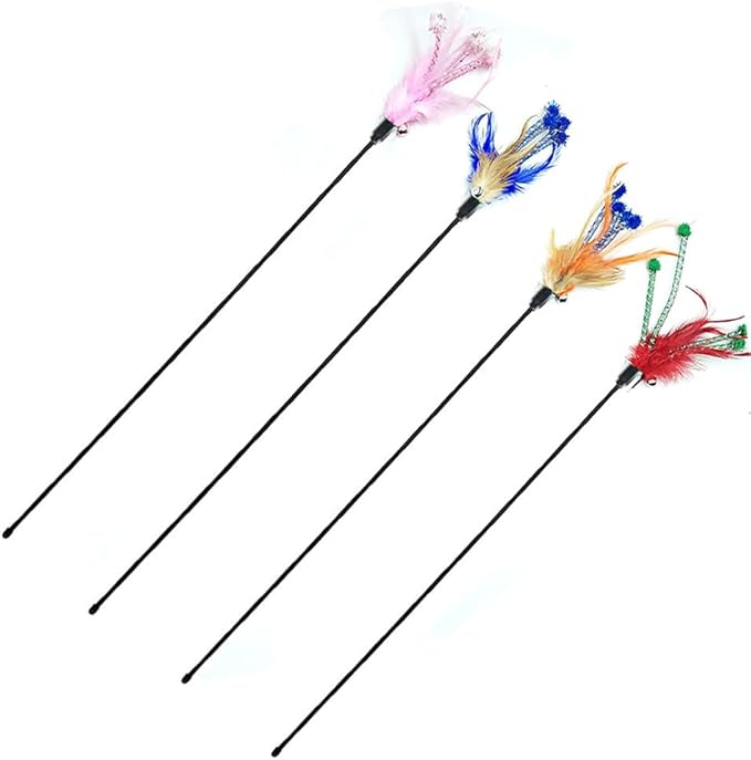 IUHKBH Cat Wand Toys, 4 PCS Interactive Cat Teaser Wand Cat Feather Toys with Color Vary Feather and Bells - 20" Long Wand for Cat and Kitten