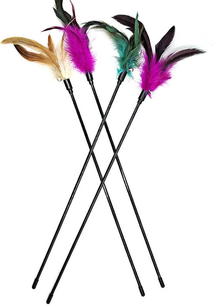 Cat Wand Toys, 4 PCS Interactive Cat Teaser Wand Cat Feather Toys with Loud Bell - 20" Long Wand for Cat and Kitten