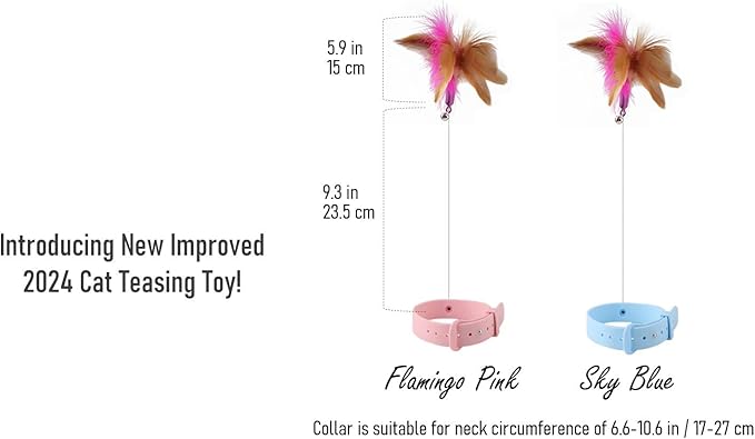 KOTYA Cat Collar Toy, New Premium Teasing Wand with Colorful Natural Feathers and Bell, Lightweight Silicone for Extra Comfort, Interactive Self Playing Toys for Indoor Kittens (Flamingo Pink)