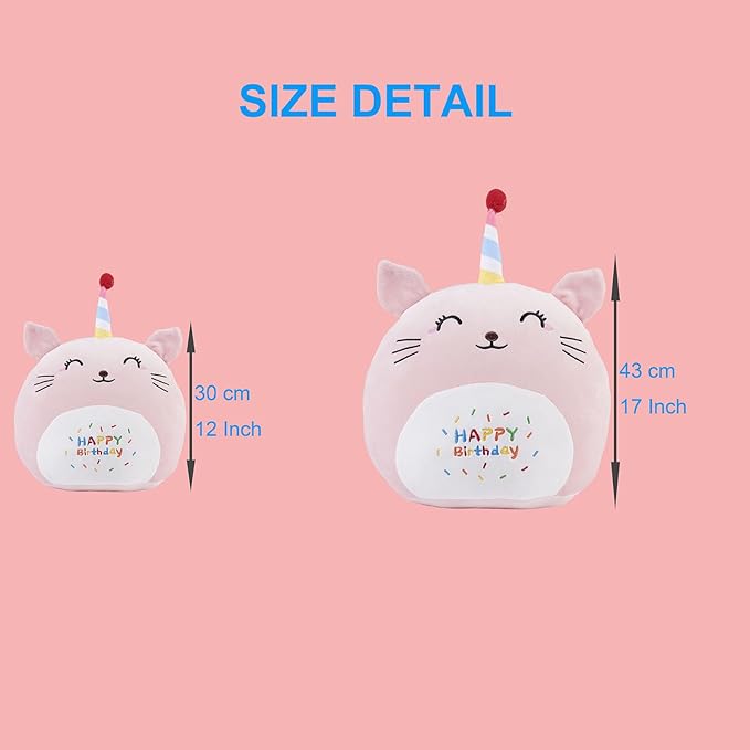16 Inch Plush Birthday Cat Kitty Stuffed Animal Happy Birthday Cat Hugging Pillow Birthday Cat Plushies Throw Pillow Birthday Pink Cat Kitten Anime Gift for Kids and Lovers