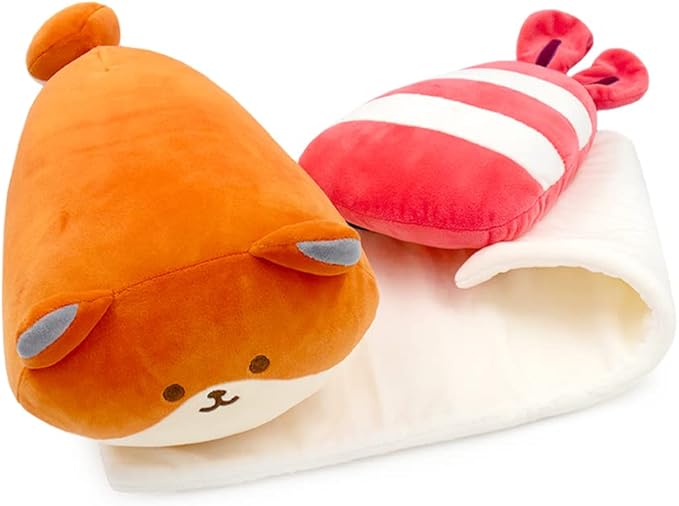 Anirollz Stuffed Animal Plush Toy - Official Roll Blanket Outfitz Doll |Soft, Squishy, Warm, Cute, Comfort, Safe| Shrimp Sushi Pillow with Fox - Birthday Decorations Gift 12" Foxiroll