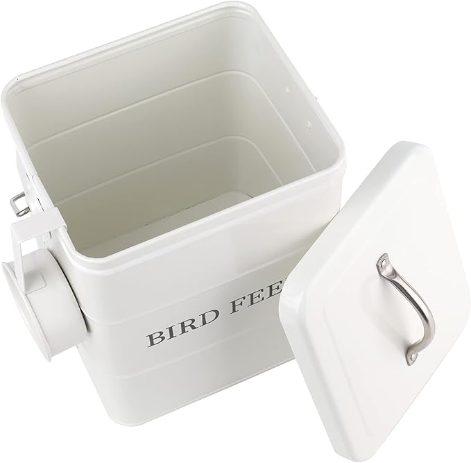 DEAYOU Metal Bird Seed Container with Scoop, Treats Storage Bin, Coated Carbon Steel, Tight Fitting Lid, White