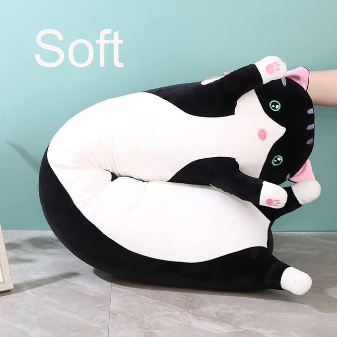 Giant Cat Pillow Plush Cartoon Kitty Sleeping Hugging Pillow, Cuddly Soft Long Kitten Body Pillow Doll Cat Cushion Toy for Kids Girlfriend (Black, 130cm/51.18inch)