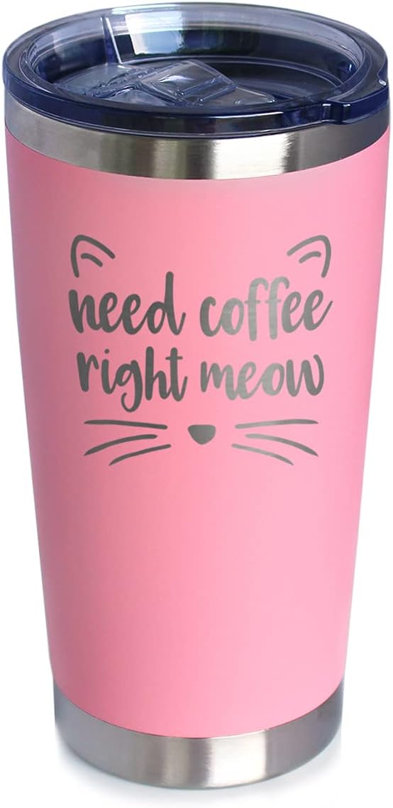 Bevvee Need Coffee Right Meow - Insulated Cat Themed Tumbler - Stainless Steel Mug - Pink