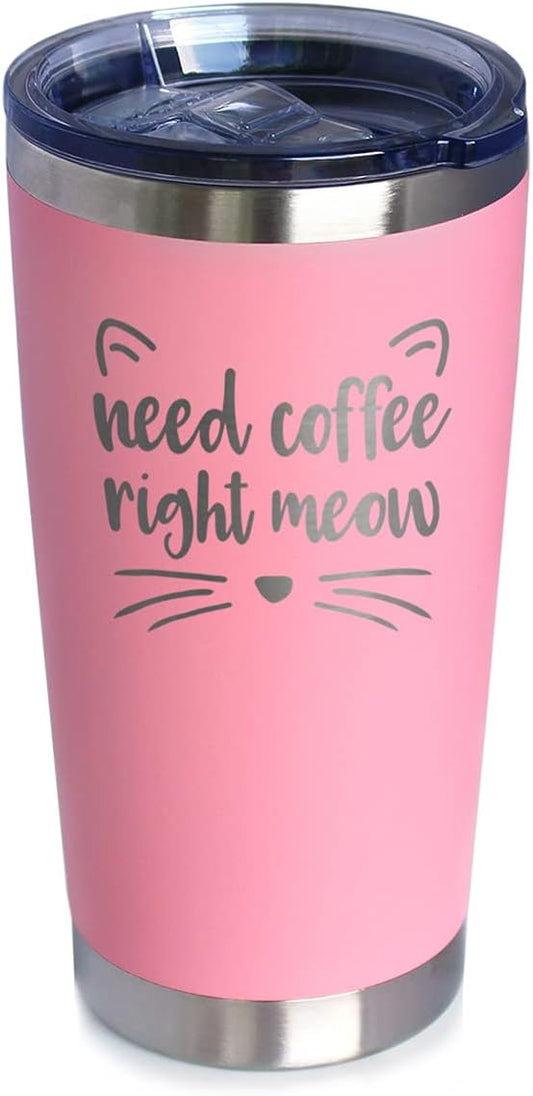 Bevvee Need Coffee Right Meow - Insulated Cat Themed Tumbler - Stainless Steel Mug - Pink
