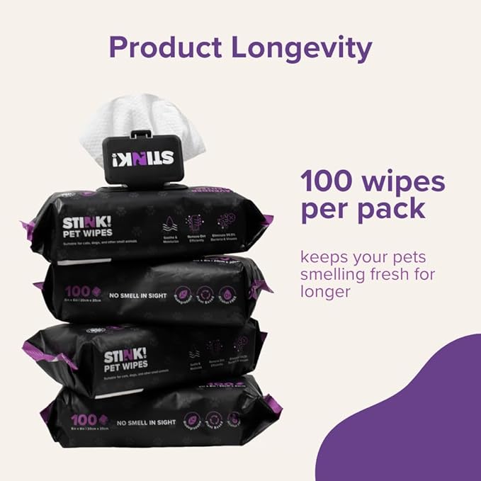 Stink! Plant Based Pet Wipes - Biodegradable - Dirt and Odor Control - Grooming Wipes for Easy Cleaning on Paws Body and Bum - Lavender Scented - 8" x 8" - 400 Count - Extra Thick Paw Wipes for Pets