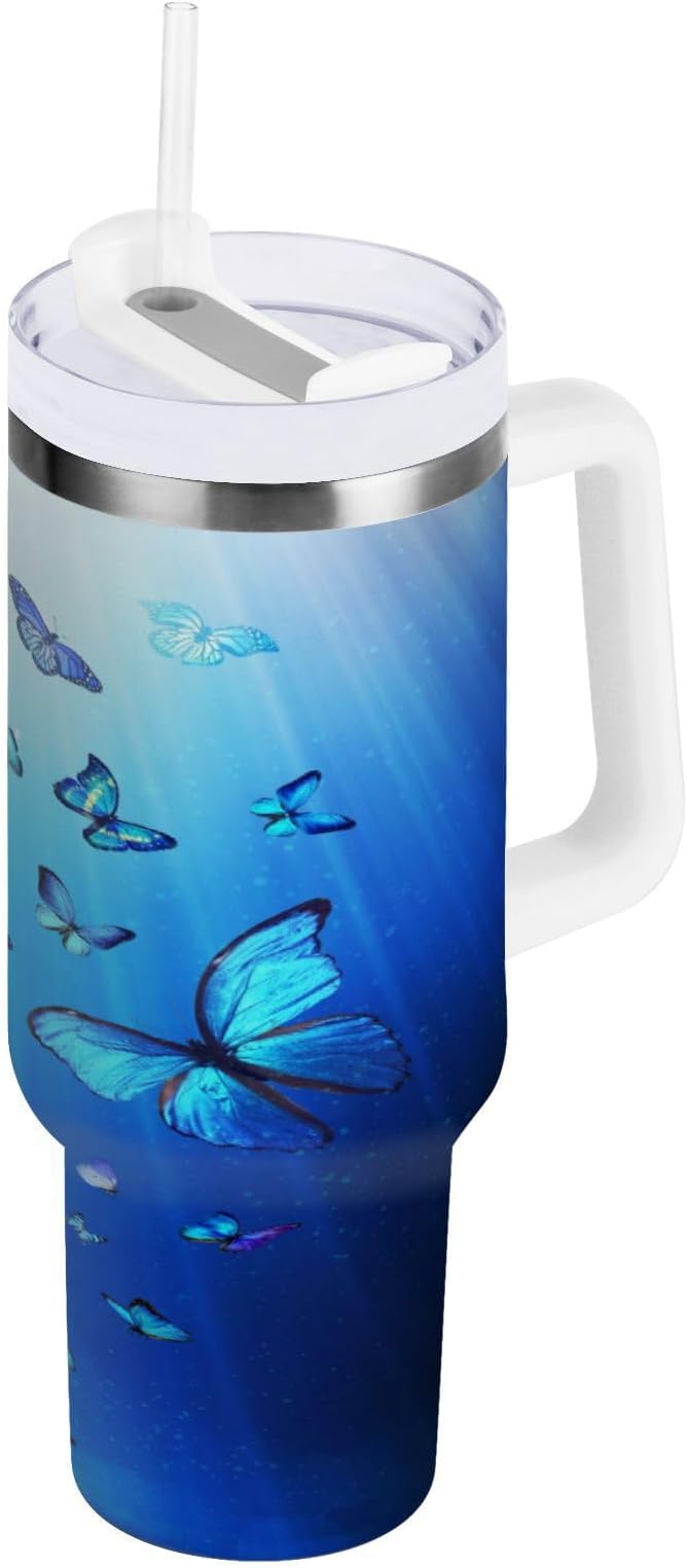 Boccsty Butterflies Blue Animal Insulated Tumblers Reusable Stainless Steel Tumbler 40 oz Cup Coffee Travel Mug Water Bottle with Handle & Flip Straw for Home Office Car