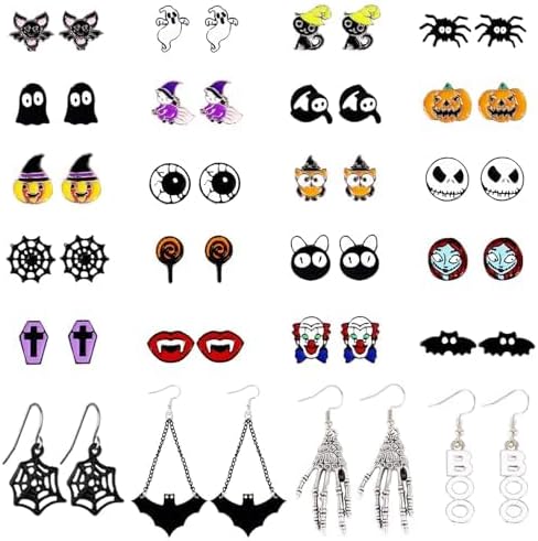5-26Pairs Halloween Thanksgiving Fall Christmas Theme Earrings Set Holiday Earrings Halloween Stud Earrings Set Spider Pumpkin Ghost Bat Web Skull Drop Earring Holiday Jewelry Gifts