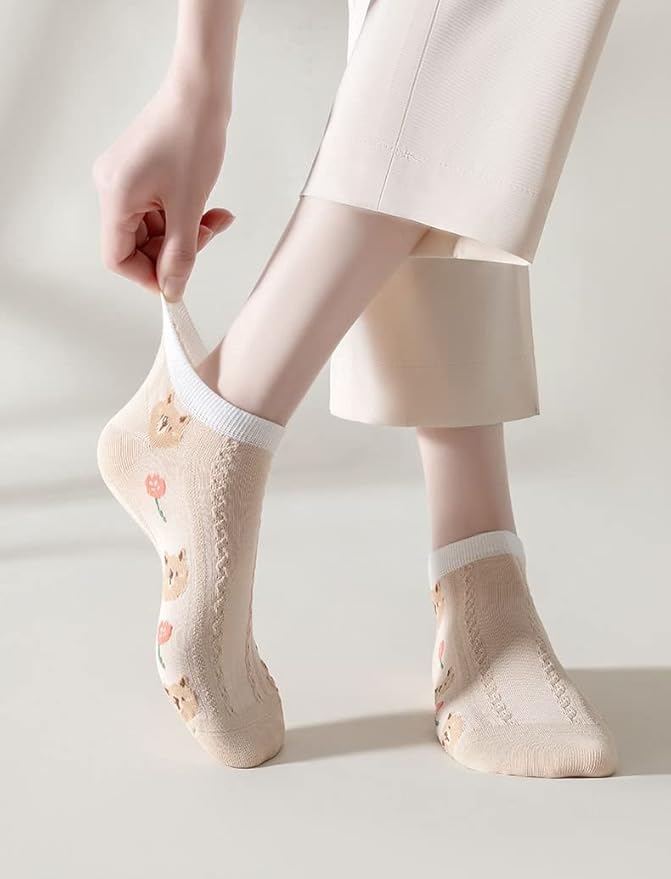 5/10 Pairs Combed Cotton Socks for Women with Cute Animals/Flowers Patterned Ankle Socks