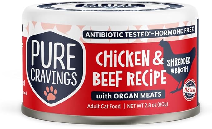 Chicken and Beef Recipe in Broth, Shredded Wet Cat Food, Grain-Free Protein, Non-GMO, 12 Pack