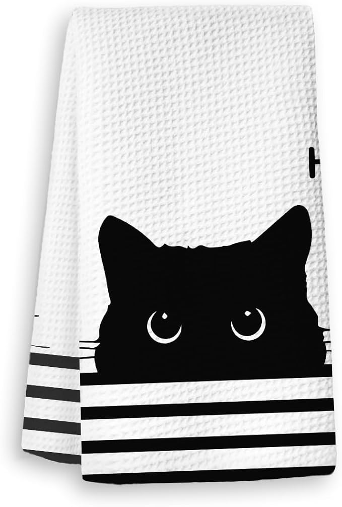 Black Cat Kitchen Towels, Funny Cat Decor for Home, Waffle Weave Microfiber Towel, 1624 Inches