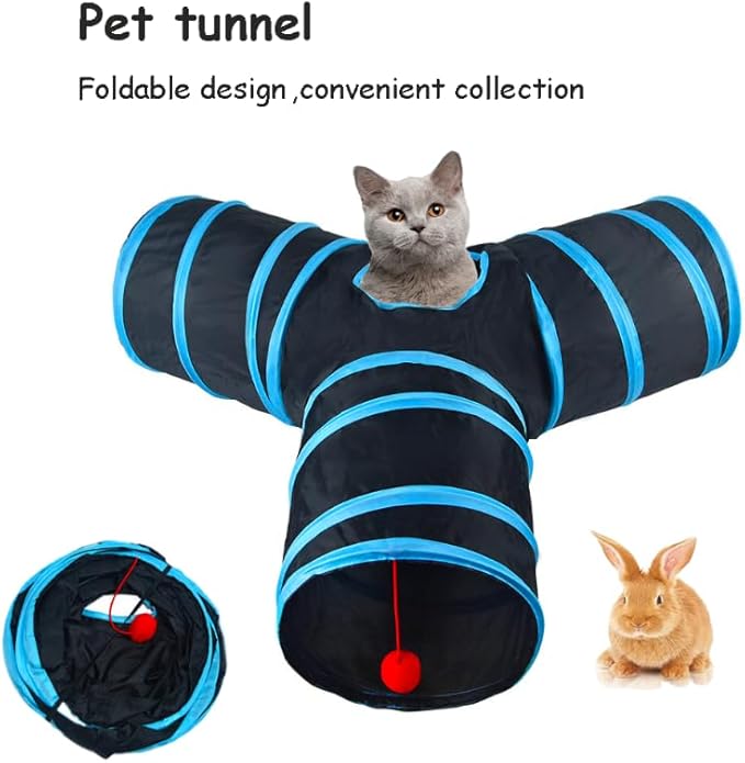 Cat Tunnel Tube Toys, Black Tunnels for Indoor Cats, 3 Way Collapsible Interactive Toy Maze House with Peek Holes Dangling Ball for Rabbit, Kitten, Kitty, Puppy with Wand Toy