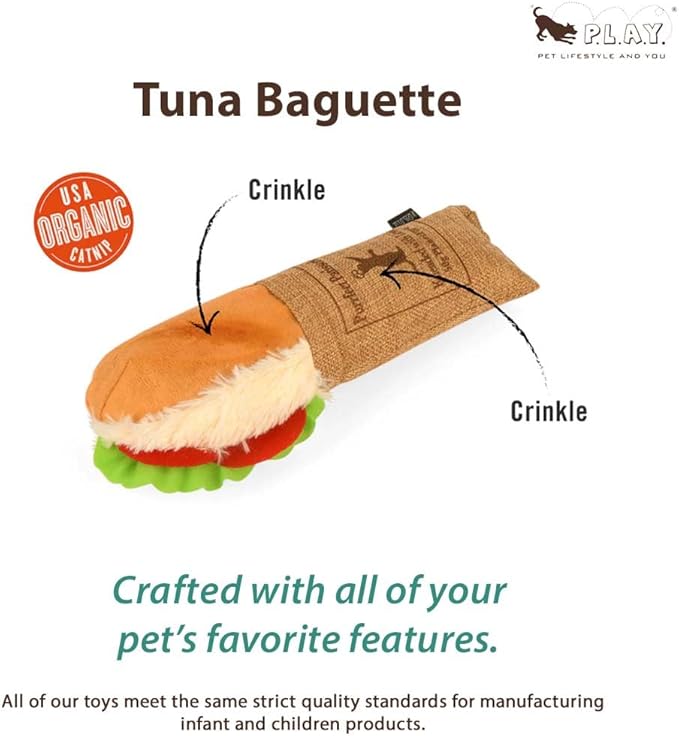 P.L.A.Y. Cute Cat Toys - Feline Frenzy Interactive Kicker Toy, Sandwich Food Themed Catnip Filled Toy, Great for Adult Cats and Kittens - Double Stitched, Recycled Materials, Crinkles (Tuna Baguette)