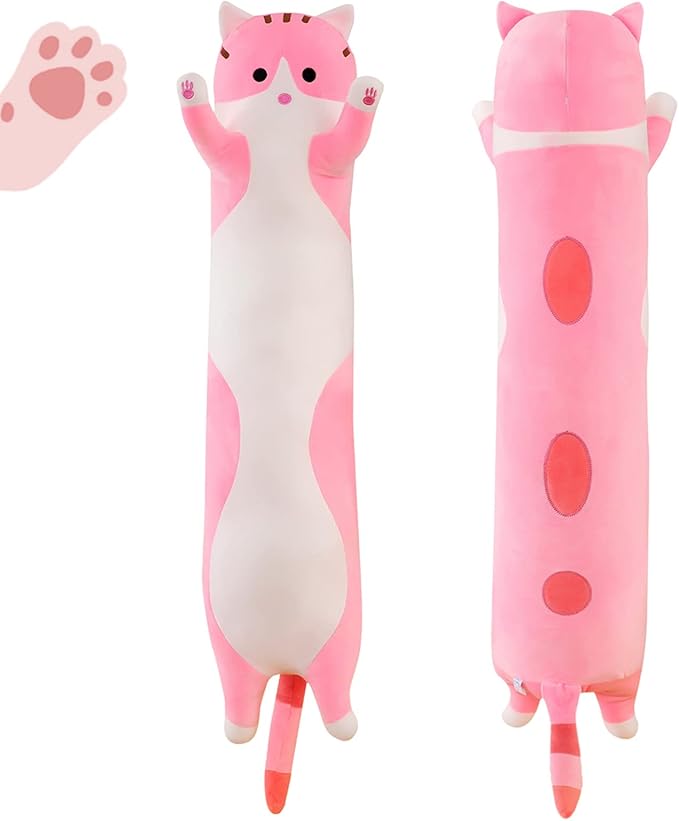 Long Pink Cat Plush Pillow Toy Sleeping Pillow Cute Cartoon Cat Stuffed Animals Soft Long Body Pillow Gift for Kids(19.68in)