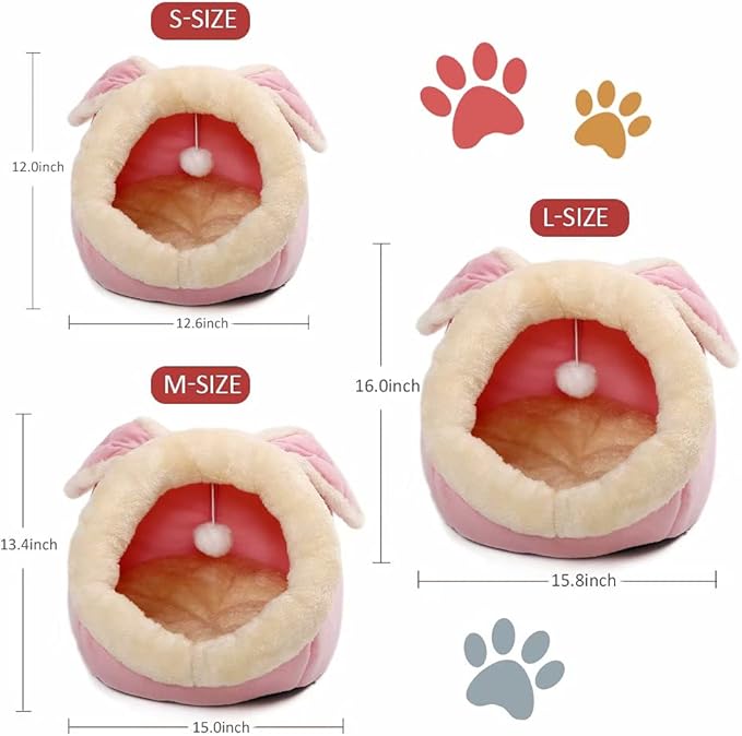 Cat Beds for Indoor Cats - Small Dog Bed with Anti-Slip Bottom, Rabbit-Shaped Cat/Small Dog Cave with Hanging Toy, Puppy Bed with Removable Cotton Pad, Super Soft Calming Pet Sofa Bed (Pink Large)