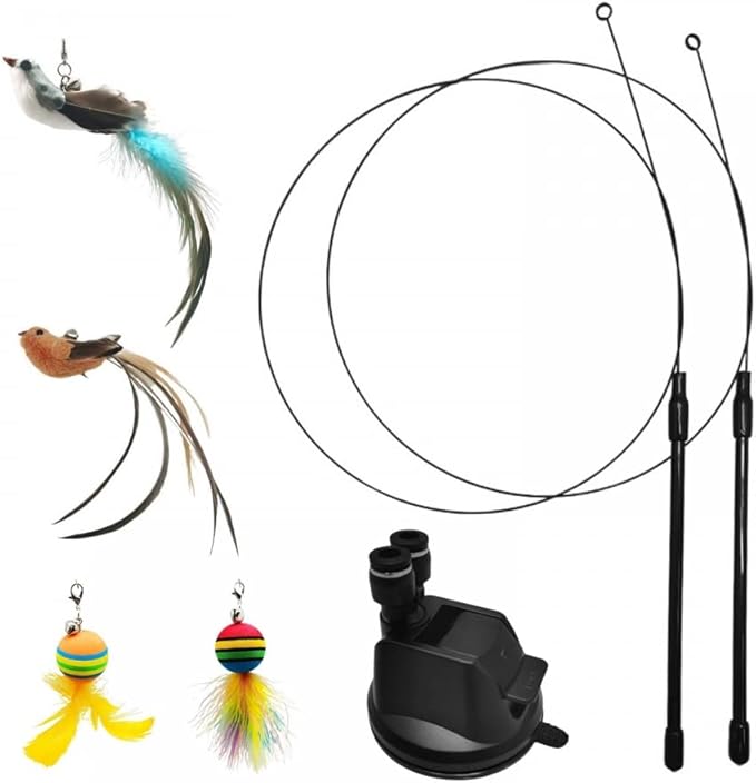 MiOYOOW Cat Feather Toy, Interactive Cat Teaser Feather Cat Toy Set with Dual Ended Suction Cup/ 4 Feather Refills for Indoor Cats Kittens