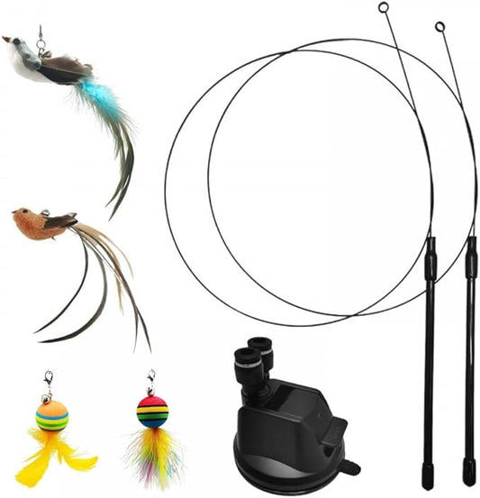 MiOYOOW Cat Feather Toy, Interactive Cat Teaser Feather Cat Toy Set with Dual Ended Suction Cup/ 4 Feather Refills for Indoor Cats Kittens