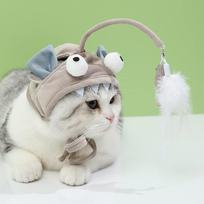 Head Mounted Cat Headgear Self Service Cat hat Feather Toy Cat Toys Interactive Cat Toys cat Head Adjustable Size (Grey Bigeye Fish)