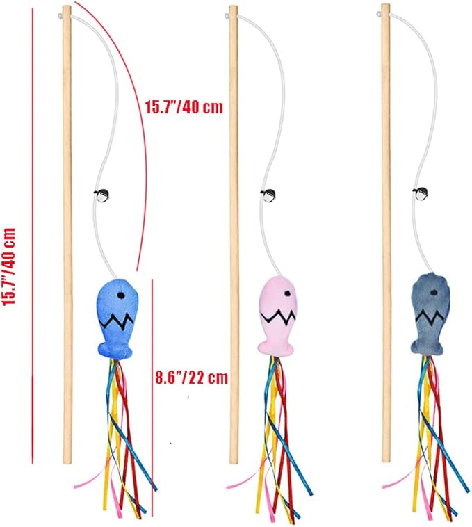 IUHKBH Cat Wands, 3 PCS Wood Cat Teaser Wands Interactive Cat Toys with Catnip Fish for Cat and Kitten