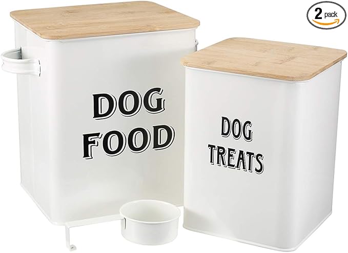 Pethiy Dog Food and Treats Storage tin Containers Set with Scoop for Dogs-Tight Fitting Wood Lids-Coated Carbon Steel-Storage Canister Tins-White