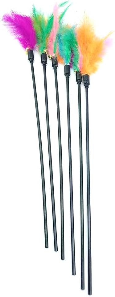 IUHKBH Cat Feather Toys, Interactive Cat Wand Toys Cat Teaser with Bell - 18'' Long Feather Wand for Cat and Kitten (6 Pcs)