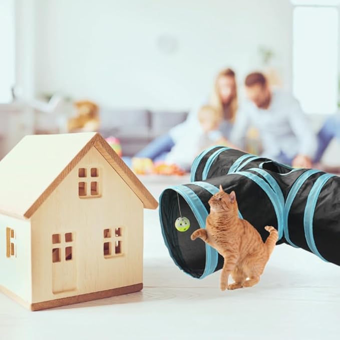 LEESENEVO Cat Tunnel,3 Way Tubes Built-in Crinkle Ringing Paper,Collapsible pet Tunnels for Indoor/Outdoor- Toy for Cats,Rabbits-Jewel Blue