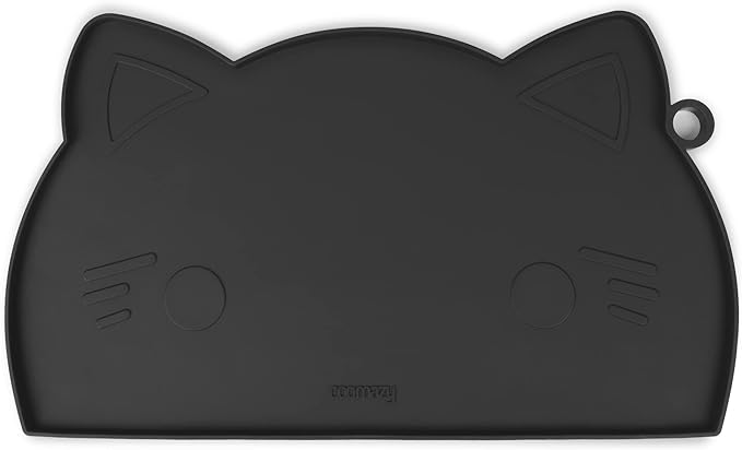 Coomazy Cat Food Mat, Thicker Dog Feeding Mat for Food and Water, Waterproof Non-Slip Silicone Mat for Floor, Dog Food Mat with Raised Edge to Prevent Food Spills and Water Runoff (Black, Medium)