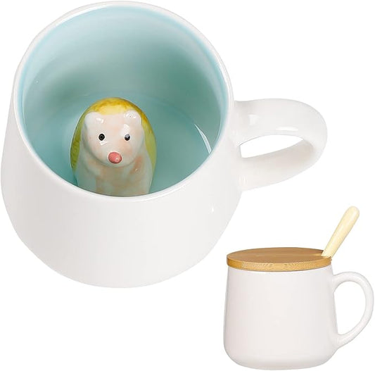 BigNoseDeer Hedgehog Mug Cute Mugs with 3D Hedgehog Inside Ceramic Coffee Mug with Spoon and Lid Mugs for milk,coffee and tea lovers Birthday Cute Gifts for Women 13.5oz