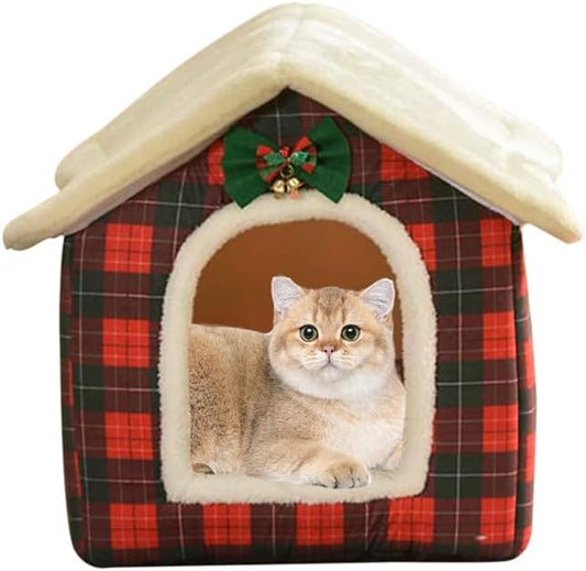 Christmas Cat Bed for Indoor Cats Plaid Christmas Cat Tent Cat Bed Cave for Pets Cats and Dogs (S(15.7 X 12.6 X 13.8 Inch))