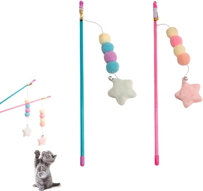 2 PCS Cat Wand Toy Interactive Cat String Toys Elastic Rope Plush Ball Star Pendant Cat Feather Toy Cat Stick Toy for Indoor Cat Mice and Animals Toys Pet Supplies