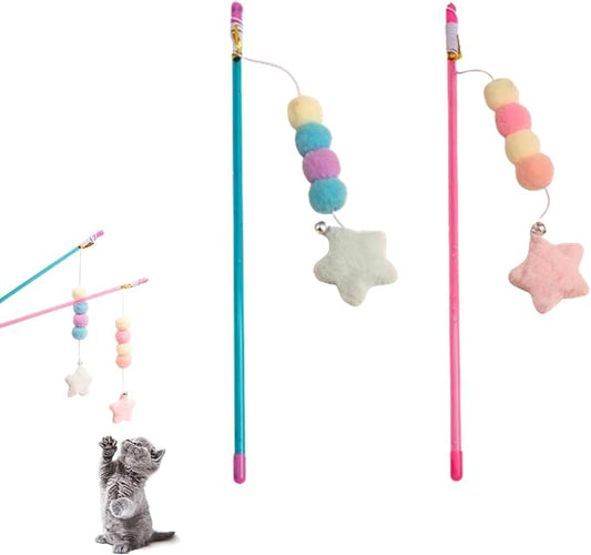 2 PCS Cat Wand Toy Interactive Cat String Toys Elastic Rope Plush Ball Star Pendant Cat Feather Toy Cat Stick Toy for Indoor Cat Mice and Animals Toys Pet Supplies