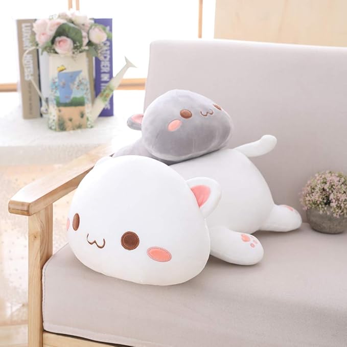 Cat Plush Hugging Pillow, Soft Cat Stuffed Animals Kawaii Kitten Plush Toy Gifts for Kids (White Round Eyes, 19.6")