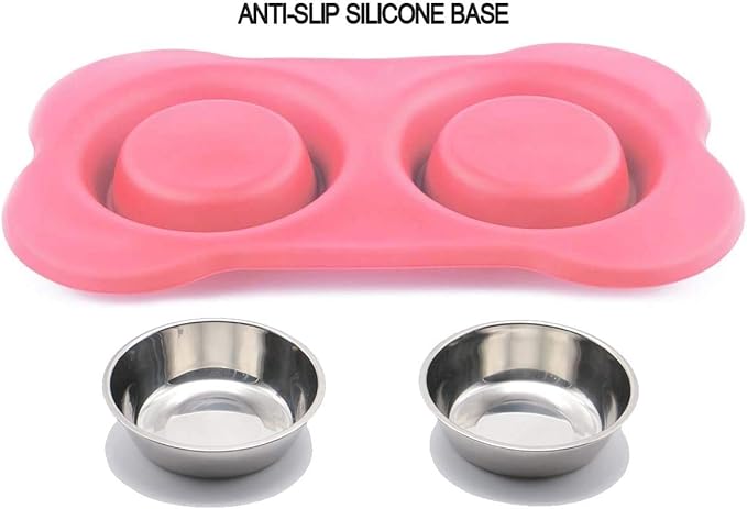 AsFrost Dog Food Bowls Stainless Steel Pet Bowls & Dog Water Bowls & Cat Bowls for Food and Water No-Spill Non-Skid Silicone Mat, Feeding Bowls with Dog Bowl Mat for Dogs Cat Dood Dish, Pink, 12oz