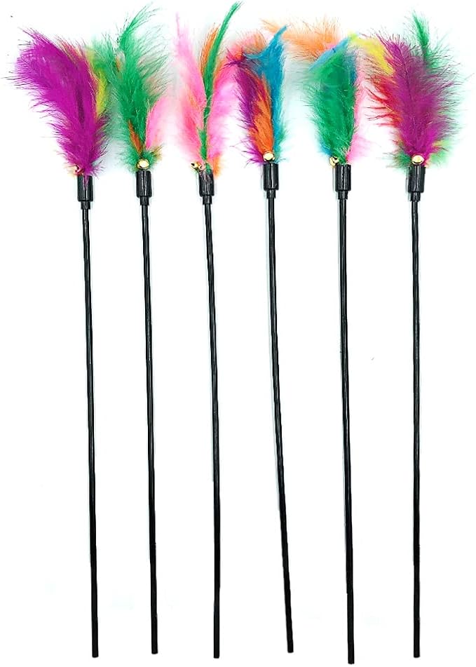 IUHKBH Cat Feather Toys, Interactive Cat Wand Toys Cat Teaser with Bell - 18'' Long Feather Wand for Cat and Kitten (6 Pcs)
