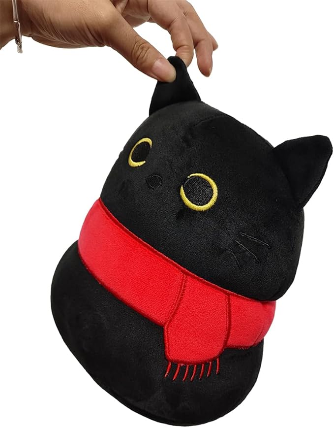 Black Cat with Scarf Stuffed Animal Plush Toy Creative Cat Shape Soft Pillow Toys Gifts Cute Dolls for Girlfriend Kids Baby Girls, 22cm/8.6in
