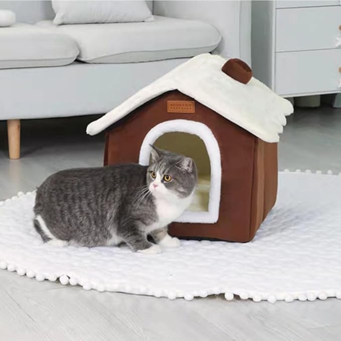 Christmas Cat Bed for Indoor Cats Plaid Christmas Cat Tent Cat Bed Cave for Pets Cats and Dogs (Coffee-L (20.5 X 17 X 19.7 Inch))